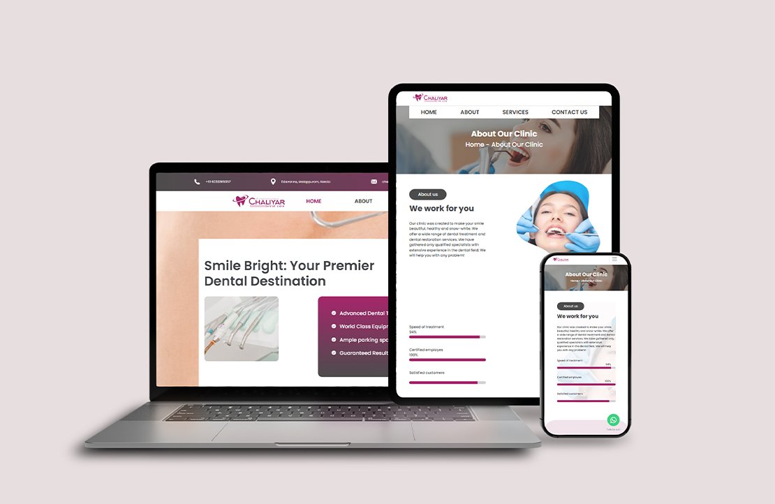 Dental clinic website displayed on laptop, tablet, and mobile